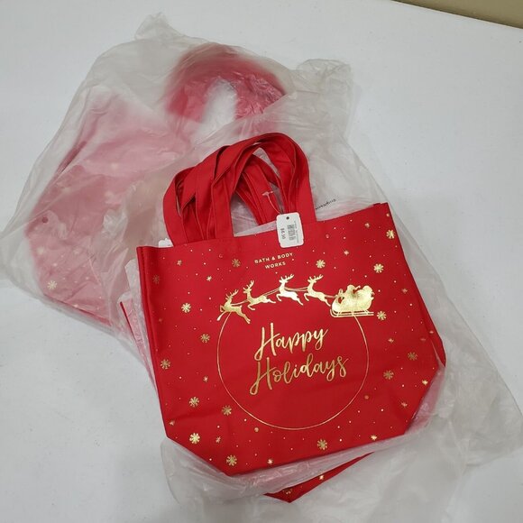 Bath & Body Works Handbags - Bath and Body Works Canvas Gift Bag Red with Gold Happy Holidays Double Handle